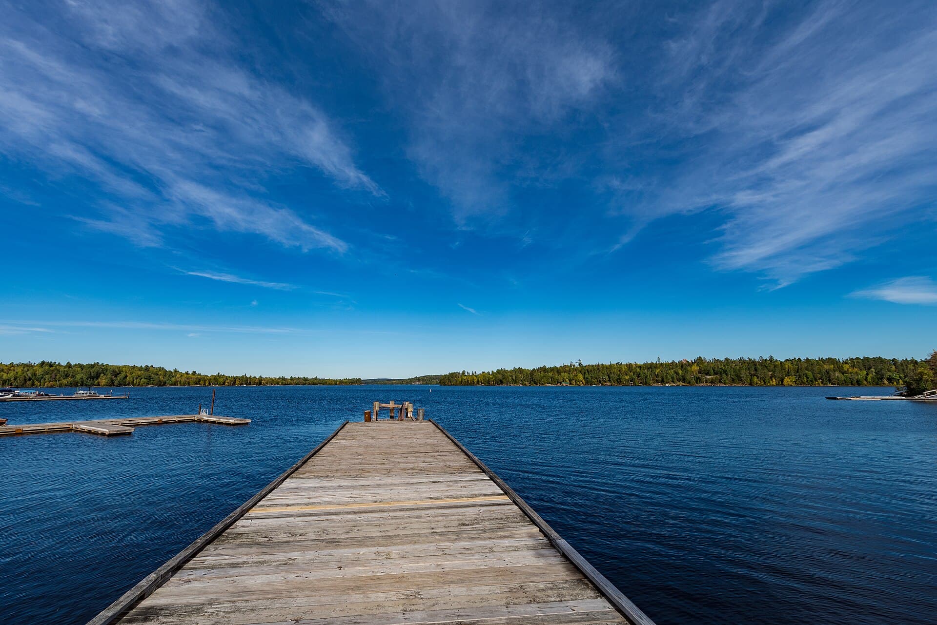 Boat dock stretching into Crane Lake, Minnesota — near Voyageurs National Park